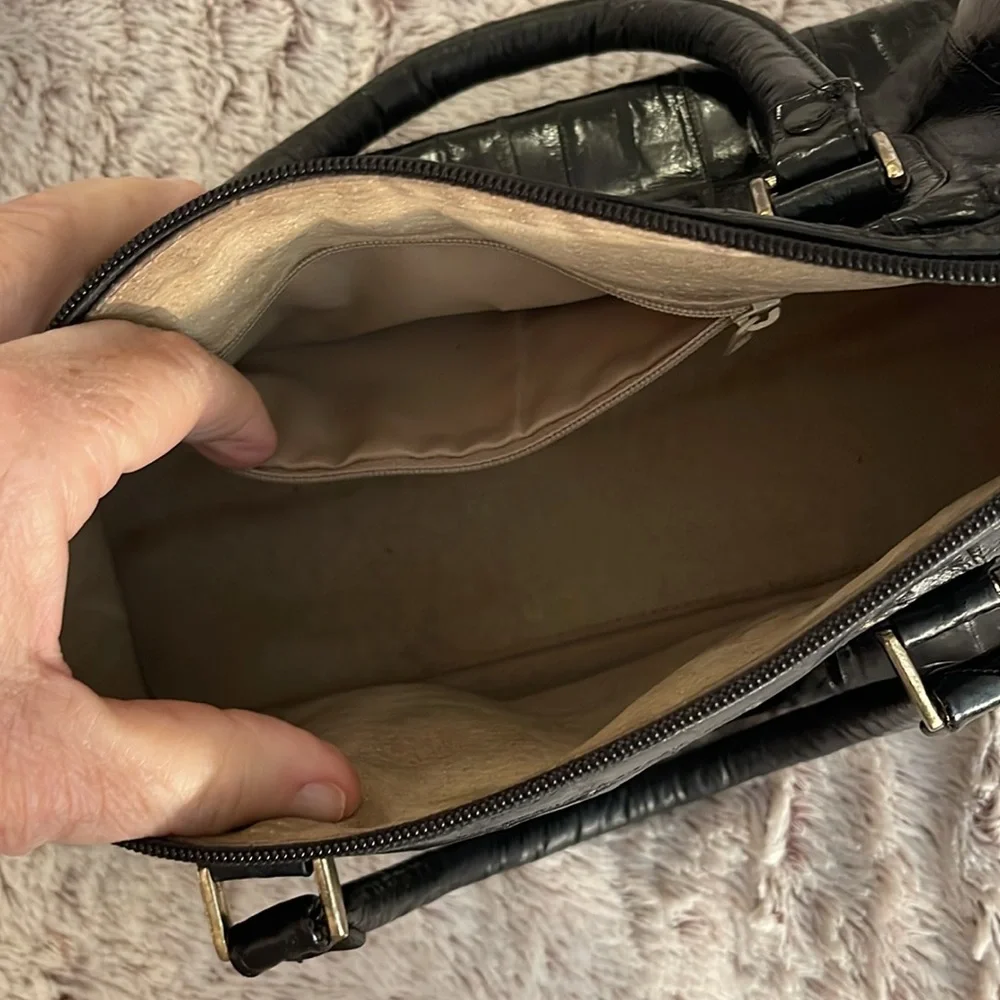 Genuine Eel Skin Handbag‎ Black Top Handle Zipper Closure Classic